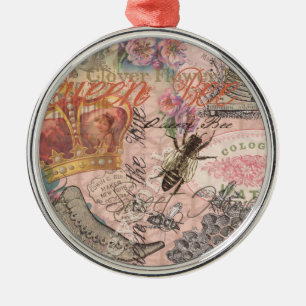 Ornement Rond Argenté Reine Abeille Vintage Beau Collage