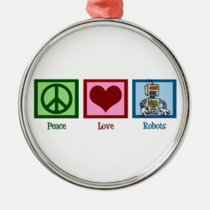 Ornement Rond Argenté Robots Peace Love Noël mignon