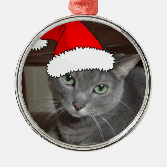 Ornement Rond Argenté Russian Blue Cat Christmas (Devant)