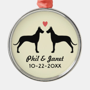 Ornement Rond Argenté Silhouettes de great dane avec le coeur et le