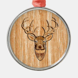 Ornement Rond Argenté Style White Tail Deer Head Light Wood Grain Déco