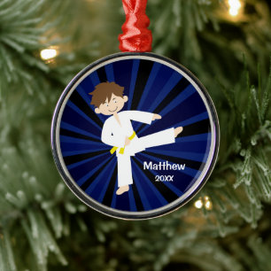 Ornement Rond Argenté Taekwondo Karate Ceinture Jaune Garçon Personnali