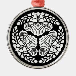 Ornement Rond Argenté Trois floraisons de paulownia, têtes tournées vers