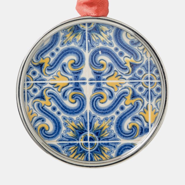 Ornement Rond Argenté Tuiles bleues et jaunes, Portugal (Devant)