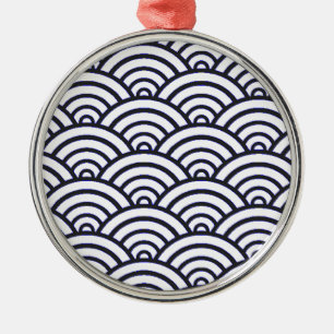 Ornement Rond Argenté Vagues bleues japonaises Seigaiha Mer