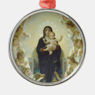 Ornement Rond Argenté Vierge Marie avec Bébé Jésus et Anges