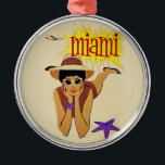 Ornement Rond Argenté Vintage Miami Beach<br><div class="desc">Annonce touristique vintage Miami - Avion,  Femme sur la plage,  Soleil et Sable</div>