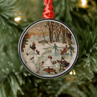 Ornement Rond Argenté Vintage Noël scène patinage sur glace