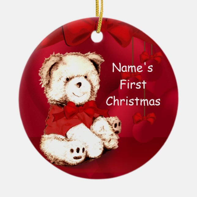Ornement Rond En Céramique 1er ornement d'ours en peluche de Noël du bébé (Devant)