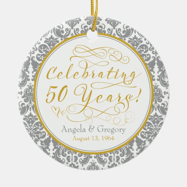 Ornement Rond En Céramique 50e anniversaire Mariage Gold Argent Coeurs Damas (Devant)