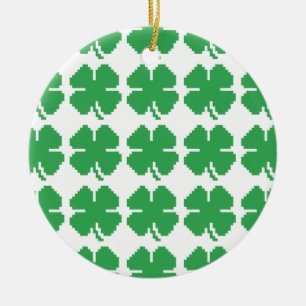 Ornement Rond En Céramique 8 bits Pixel Lucky Four Leaf Clocher