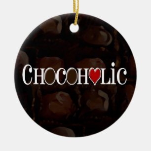 Ornement Rond En Céramique Accro du chocolat, brun foncé et conception drôl