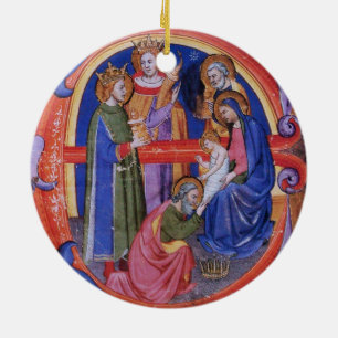 ORNEMENT ROND EN CÉRAMIQUE ADORATION OF MAGI CHRISTMAS NATIVITY PARCHMENT