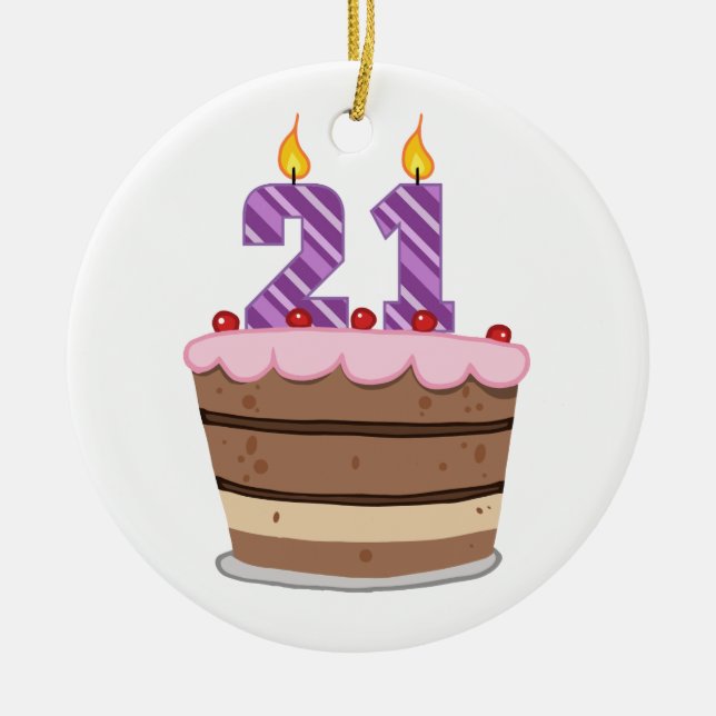 Ornement Rond En Céramique Âge 21 sur le gâteau d'anniversaire (Devant)