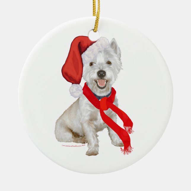 Ornement Rond En Céramique Aide de Westie Père Noël (Devant)