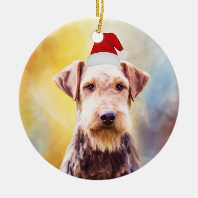 Ornement Rond En Céramique Airedale Chien Noël Santa Hat Art Portrait (Devant)