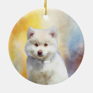 Ornement Rond En Céramique American Eskimo Dog Art Portrait