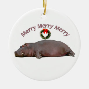 Ornement Rond En Céramique Amusement de Joyeux Noël d'hippopotame