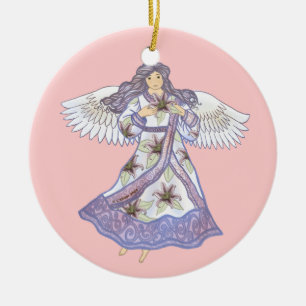 Ornement Rond En Céramique Ange à fleurs de lilly