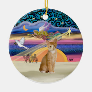 Ornement Rond En Céramique Ange de Noël - Orange - chat tabby blanc 40
