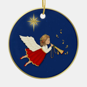 Ornement Rond En Céramique Ange de trompette et étoile de Noël