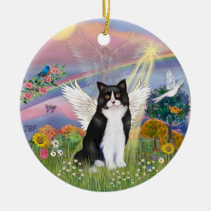 Ornement Rond En Céramique Ange des Nuages - Ange Chat Noir et Blanc