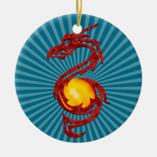 Ornement Rond En Céramique Année Chinoise du Dragon Rouge Métallisé