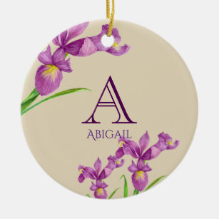 Ornement Rond En Céramique Aquarelle violet Iris Botanique Floral Monogramme