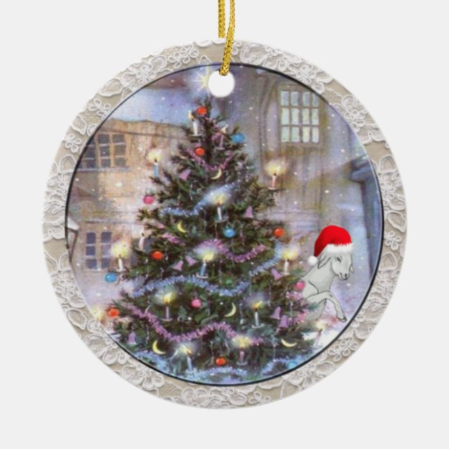 Ornement Rond En Céramique Arbre de Noël et chèvre à Santa Hat (Devant)