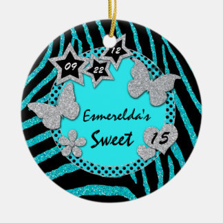 Ornement Rond En Céramique Argent noir bleu Zebra Sweet 15 Photo Ornament