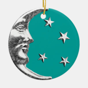 Ornement Rond En Céramique Art Déco Lune et Etoiles - Turquoise & Argent