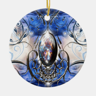 Ornement Rond En Céramique Art en verre bleu fleuri de fantaisie vintage de