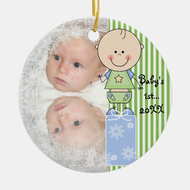 Ornement Rond En Céramique Baby Boy 1er Noël Customisé Photo Ornament (Devant)