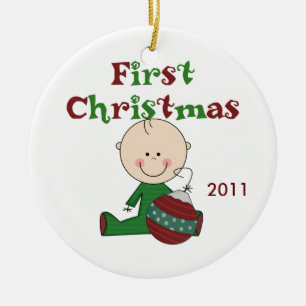 Ornement Rond En Céramique Baby Boy First Christmas Dated Ornament
