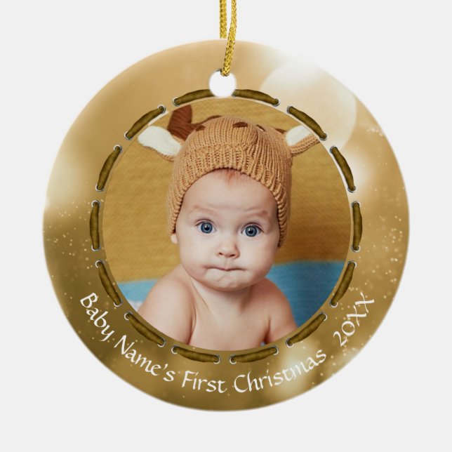 Ornement Rond En Céramique Baby First Christmas Gold Bokeh Photo personnalisé (Devant)