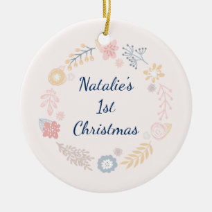 Ornement Rond En Céramique Baby Girl 1ère photo botanique rose de Noël