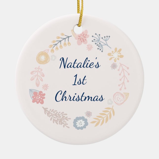 Ornement Rond En Céramique Baby Girl 1ère photo botanique rose de Noël (Devant)