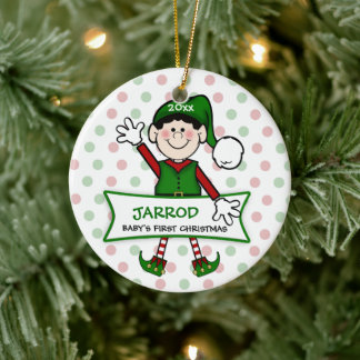 Ornement Rond En Céramique Baby's 1st Christmas Elf Boy