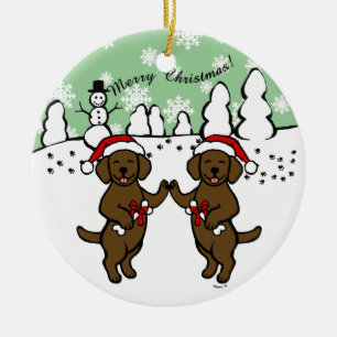 Ornement Rond En Céramique Bande dessinée de Labradors de chocolat de Noël