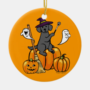 Ornement Rond En Céramique Bande dessinée noire 2 de Halloween Labrador