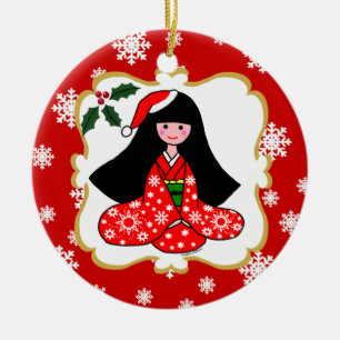 Ornement Rond En Céramique Bande dessinée personnalisée de Noël de fille d