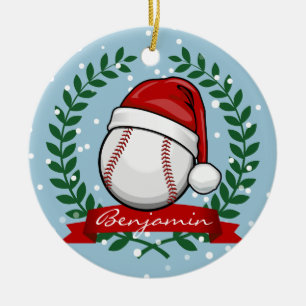 Ornement Rond En Céramique Base-ball avec un casquette de Père Noël de styl