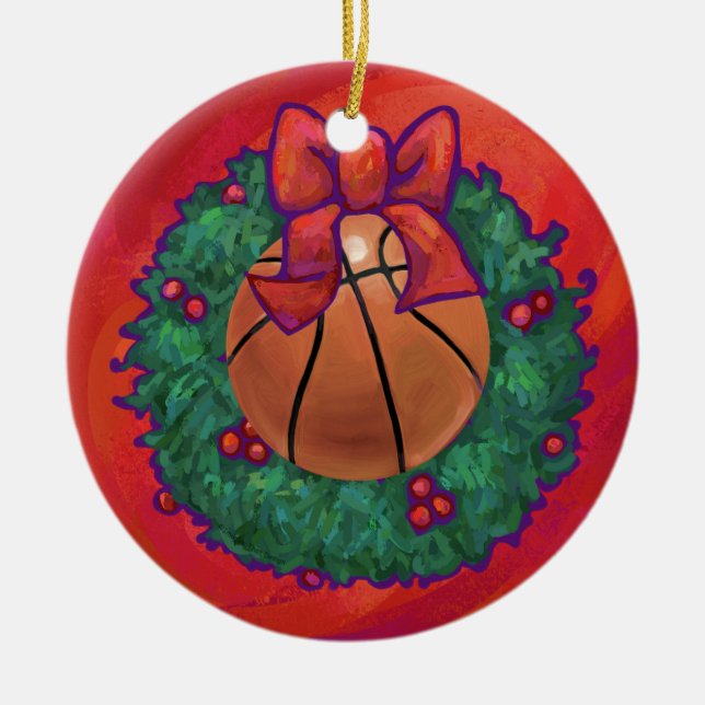 Ornement Rond En Céramique Basket-ball à l'intérieur de la couronne de Noël (Devant)