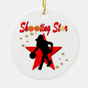 ORNEMENT ROND EN CÉRAMIQUE BASKET-BALL ROUGE ET GOLD SHOOOOOOOING STAR DESIGN