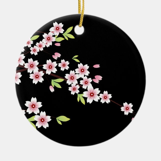Ornement Rond En Céramique Black avec rose et vert cerisier en fleurs Sakura (Devant)
