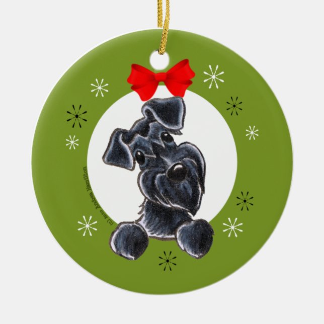 Ornement Rond En Céramique Black Schnauzer Oreilles naturelles Noël Classique (Devant)