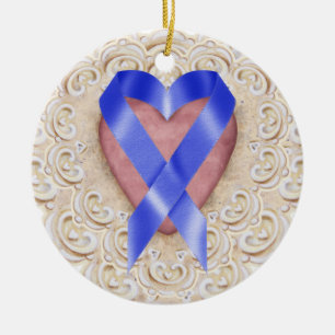 Ornement Rond En Céramique Bleu bleu de la Marine Colon Cancer Ruban du coeur