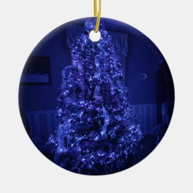 Ornement Rond En Céramique Bleu Joyeux sapin de Noël (Devant)