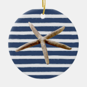 Ornement Rond En Céramique Bleu marine et blanc Grandes étoiles de mer