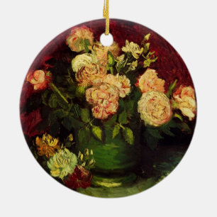Ornement Rond En Céramique Bol avec pivoines et roses par Vincent van Gogh